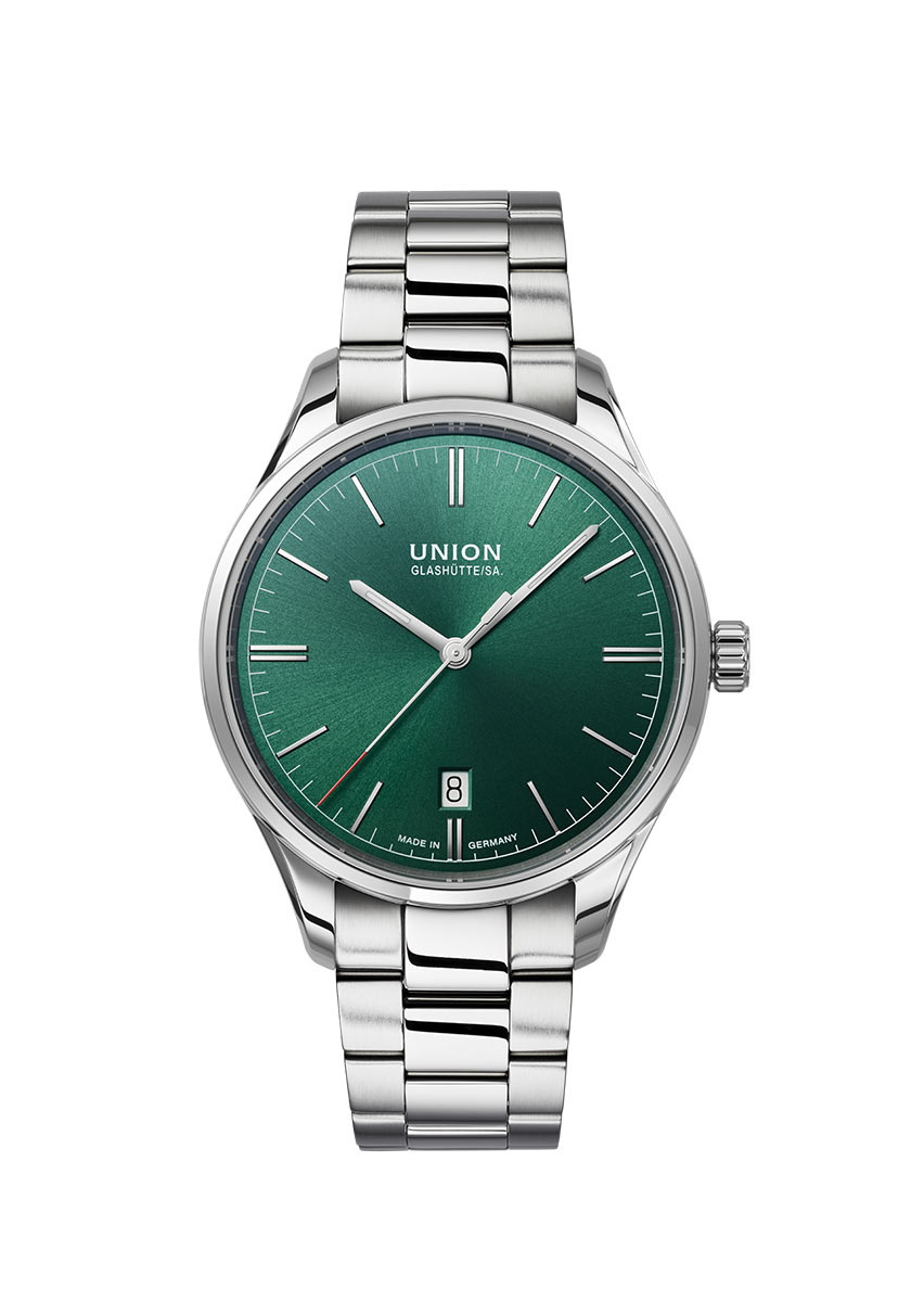Eine elegante Uhr mit grünem Zifferblatt und silberfarbenem Armband.