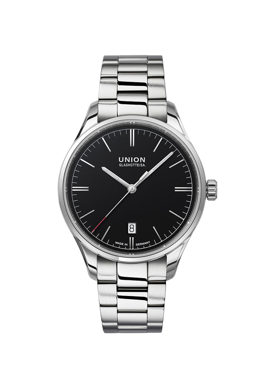 Eine elegante Armbanduhr mit schwarzem Zifferblatt und silbernem Armband.