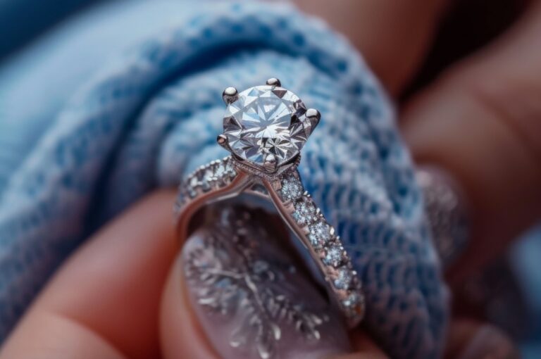Juwelier reinigt Schmuckstück Diamantring mit Stofftuch