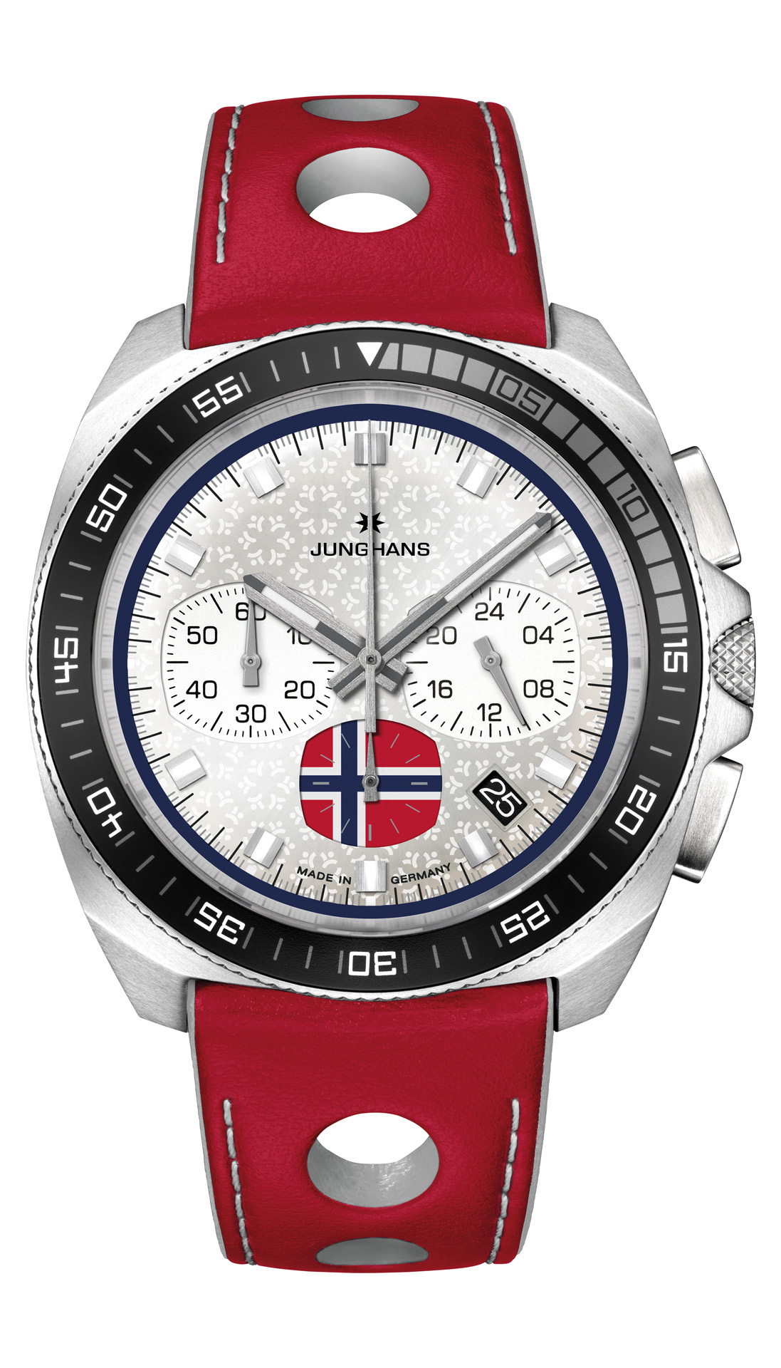 Eine silberne Armbanduhr mit rotem Lederarmband und norwegischer Flagge auf dem Zifferblatt