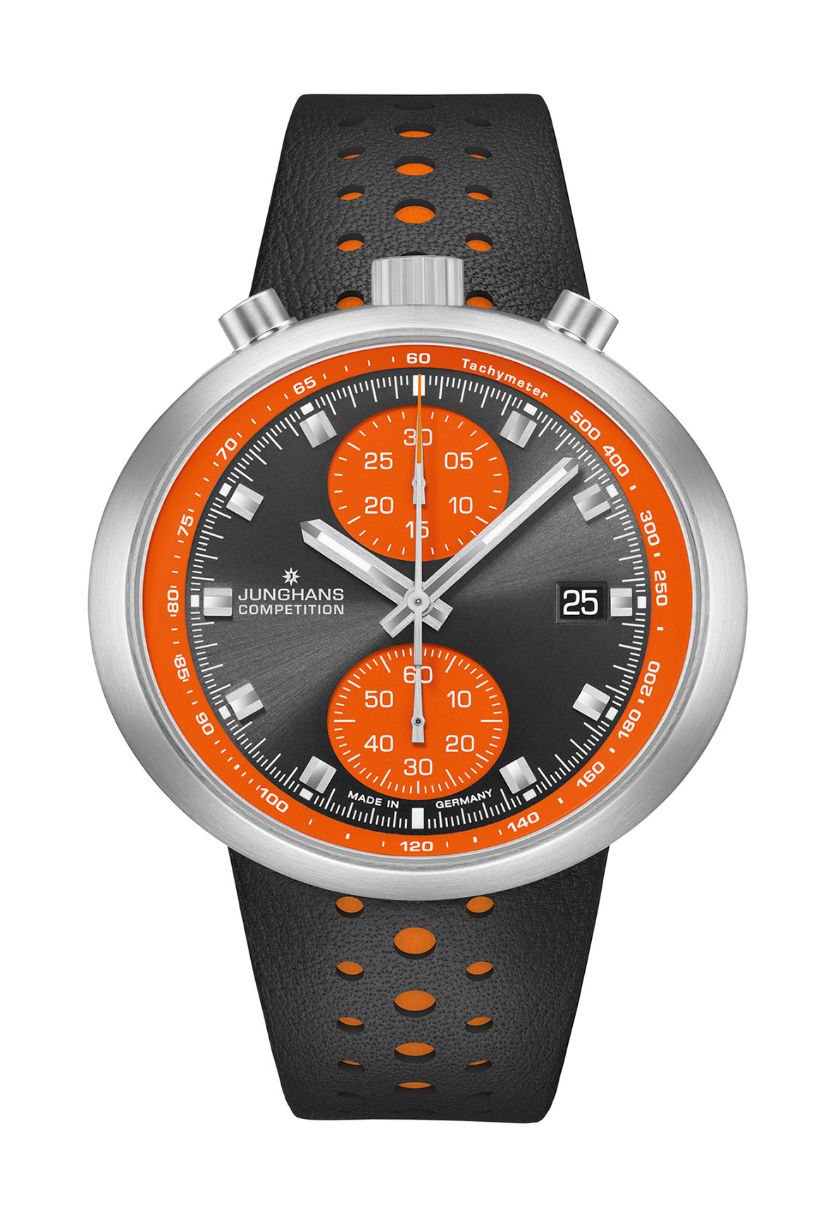 Eine Herrenuhr mit schwarzem Zifferblatt, orangenen Akzenten und Lederarmband