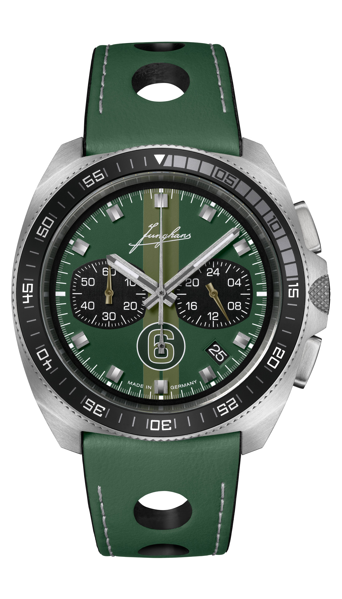 Grüne Junghans-Armbanduhr mit schwarzem Zifferblatt und sportlichen Details