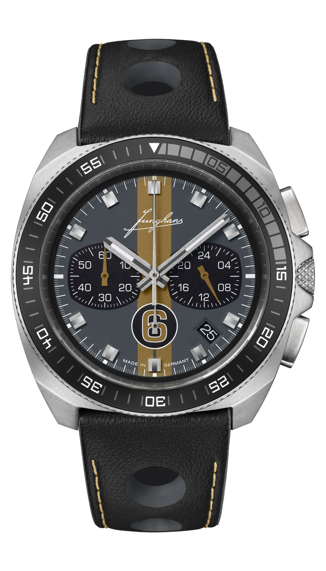 Eine elegante Armbanduhr mit schwarzem Lederband und gelb-grauem Zifferblatt