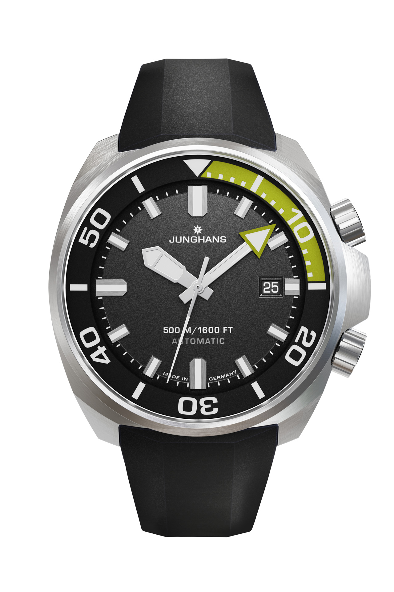 Junghans Taucheruhr mit schwarzem Zifferblatt und gelbem Akzent bei zwölf Uhr