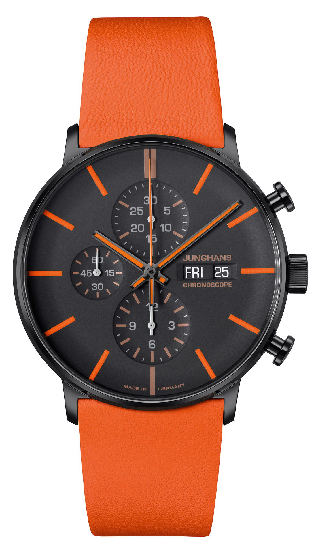 Eine stilvolle schwarze Uhr mit auffälligem orangefarbenem Armband und Zeigern