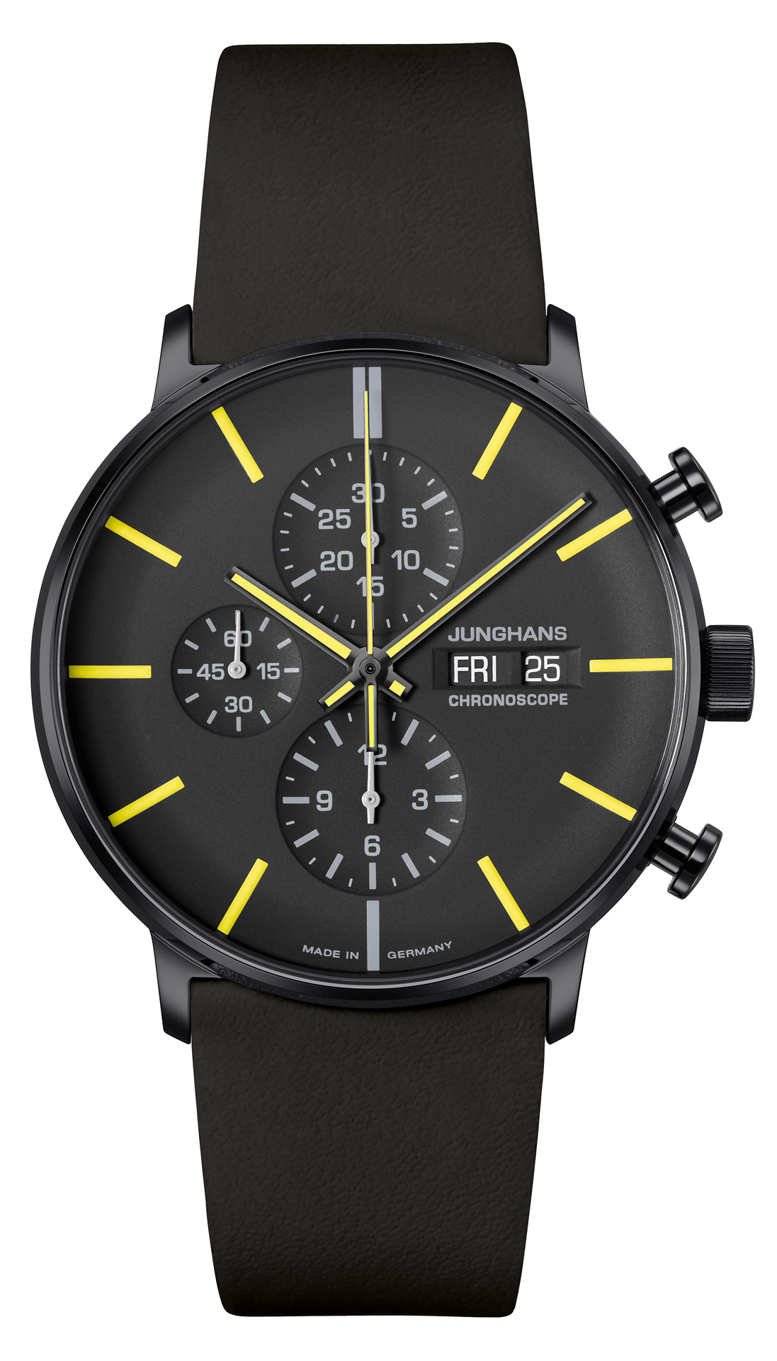 Schwarze Junghans Armbanduhr mit gelben Akzenten und drei Chronographenanzeigen
