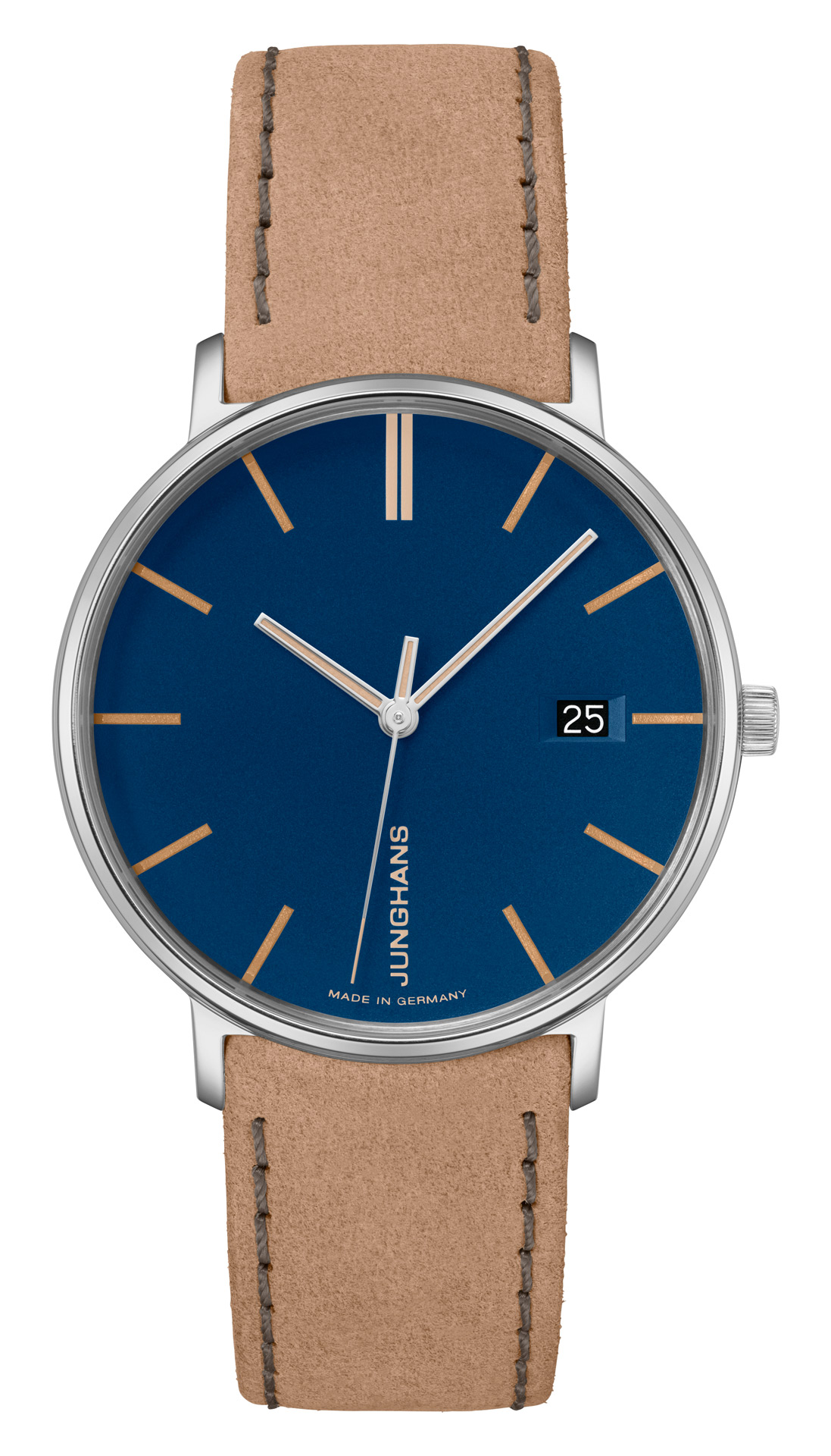 Herrenarmbanduhr mit blauem Zifferblatt, beigefarbenem Lederband und Datumfeld