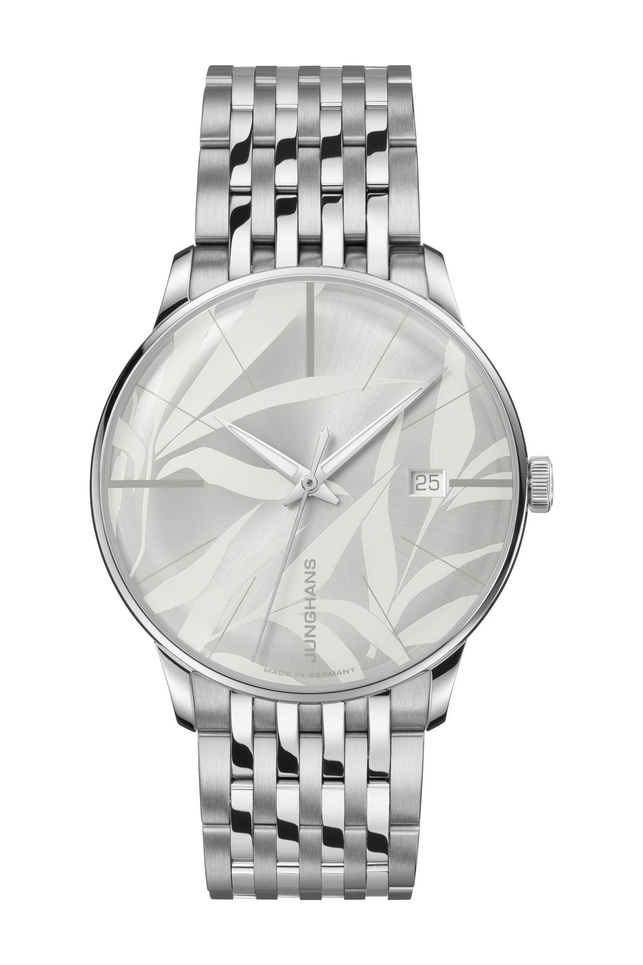 Silberne Junghans Armbanduhr mit Blattmuster auf dem Zifferblatt und Datumsanzeige