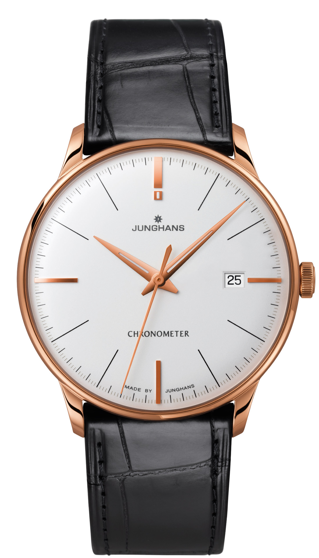 Eine elegante Junghans Armbanduhr mit weißem Zifferblatt und roségoldenem Gehäuse