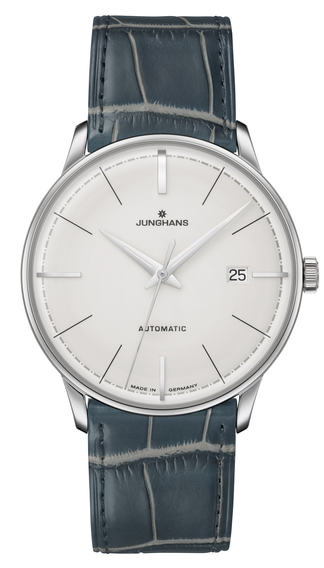 Eine elegante Junghans Uhr mit weißem Zifferblatt und blauem Lederarmband