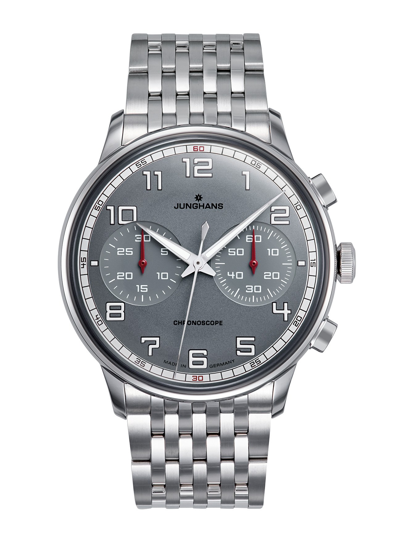 Eine silberne Junghans Uhr mit grauem Zifferblatt und zwei markanten Chronographenanzeigen