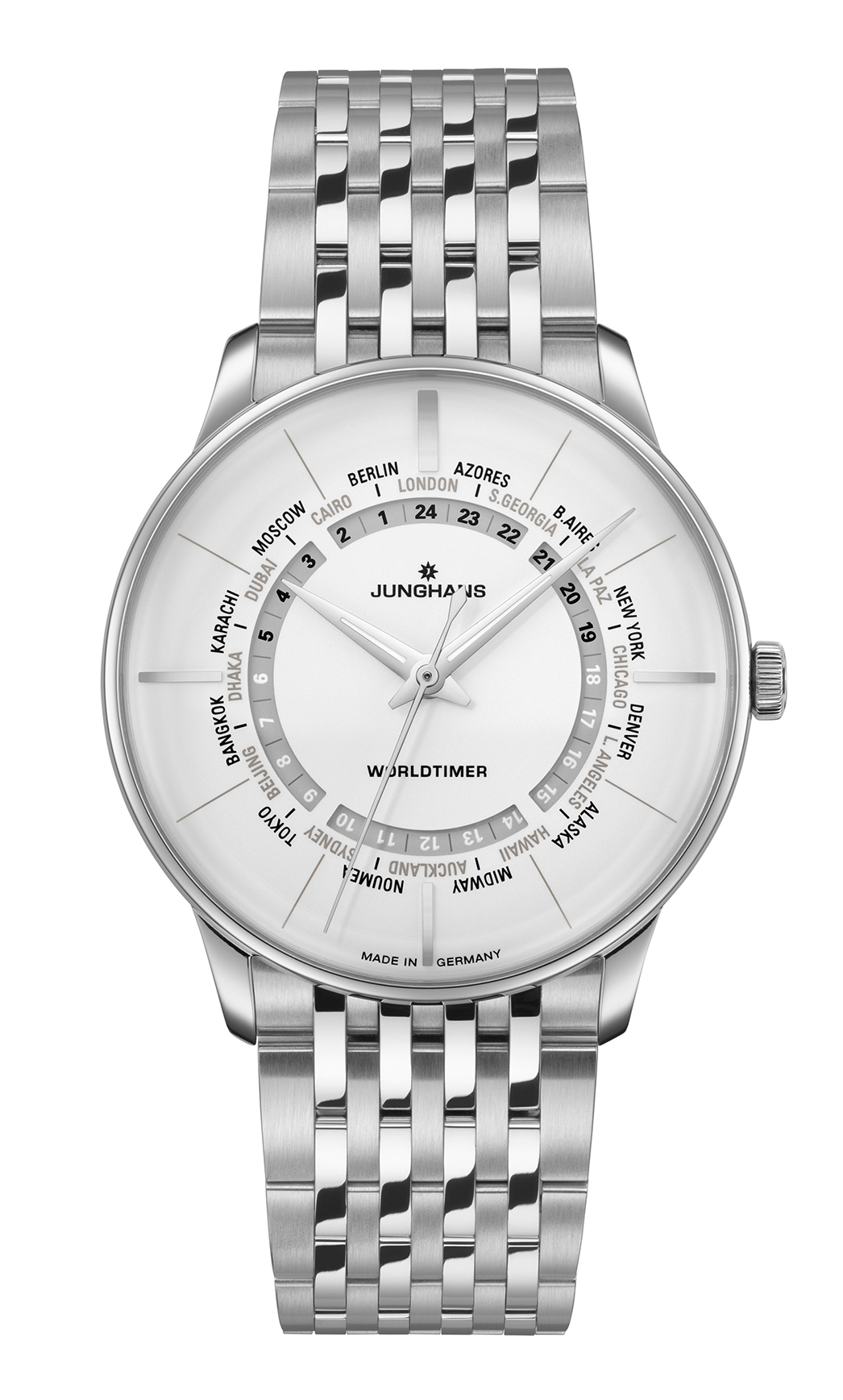Elegante silberne Junghans Armbanduhr mit Weltzeitfunktion und weißem Zifferblatt