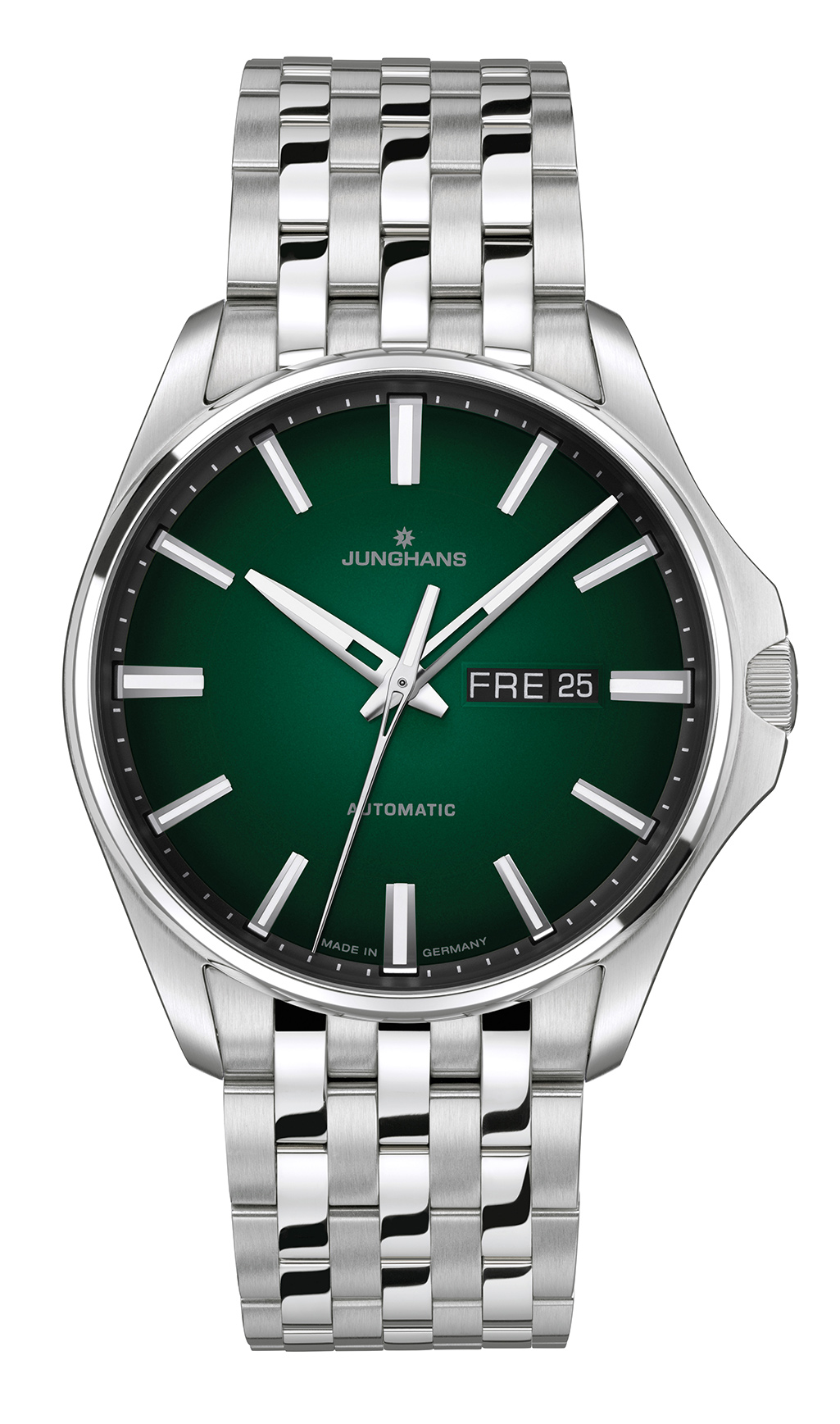 Eine elegante Junghans Herrenuhr mit grünem Zifferblatt und silbernem Armband