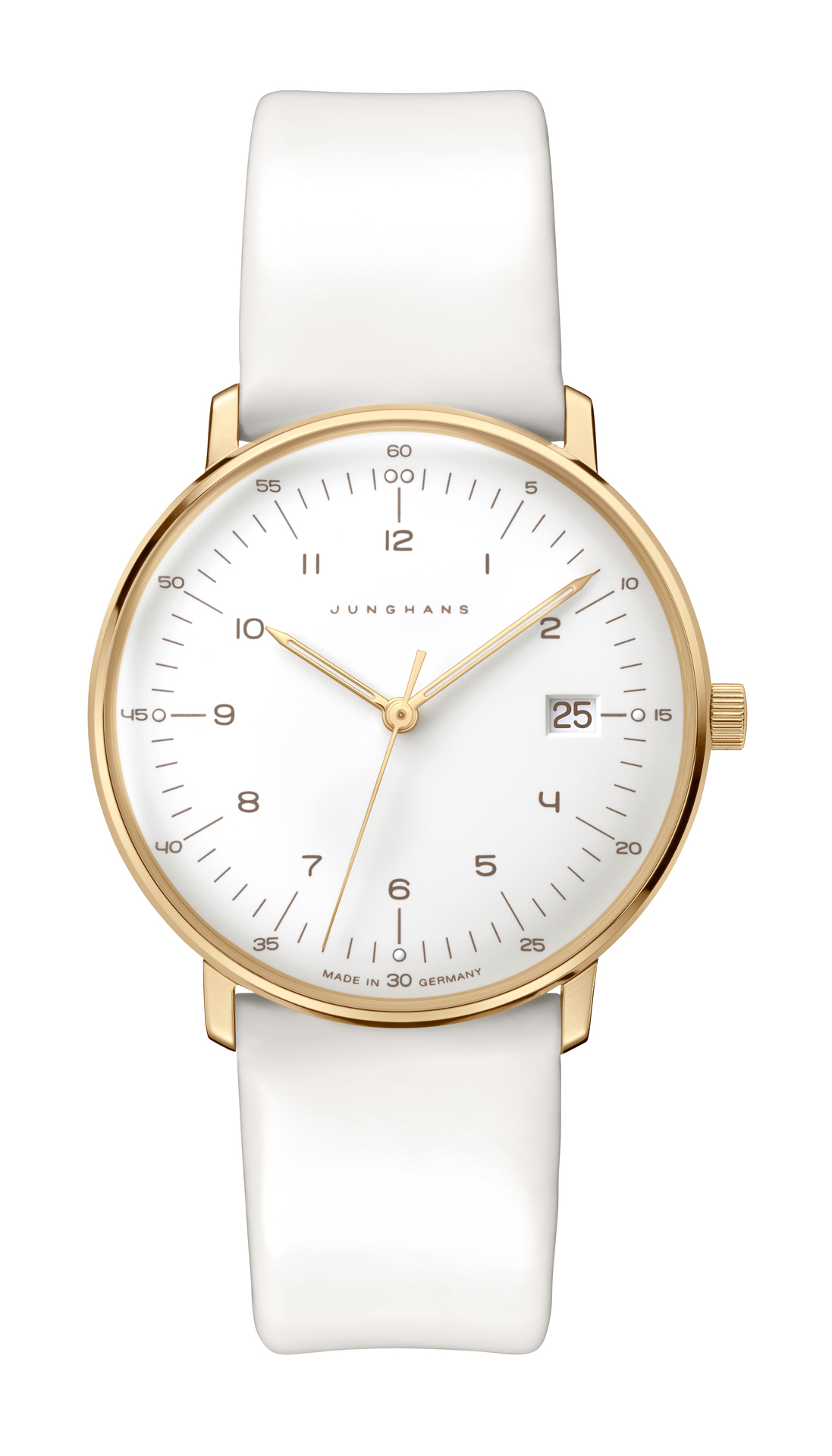 Eine elegante weiße Armbanduhr mit goldenem Gehäuse und schlichtem Zifferblatt