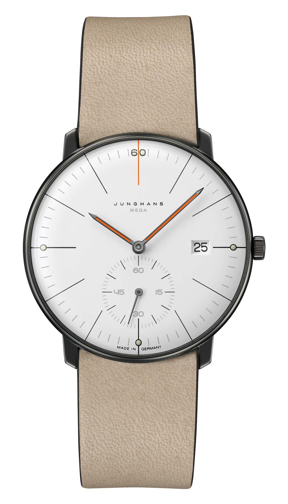 Minimalistische Junghans Armbanduhr mit beigem Lederarmband und weißem Zifferblatt
