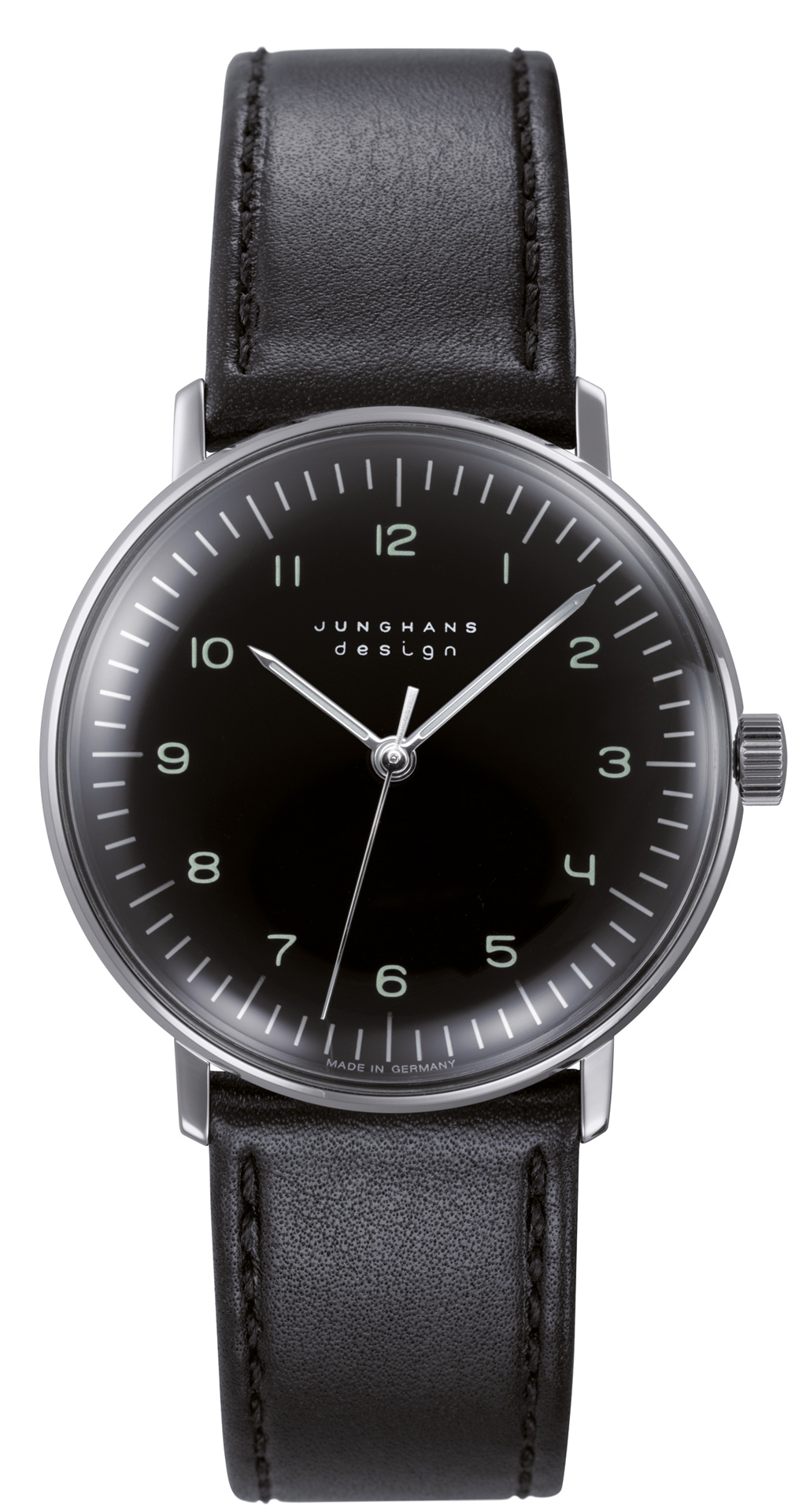 Eine elegante schwarze Junghans Armbanduhr mit schlichtem Ziffernblatt und Lederband