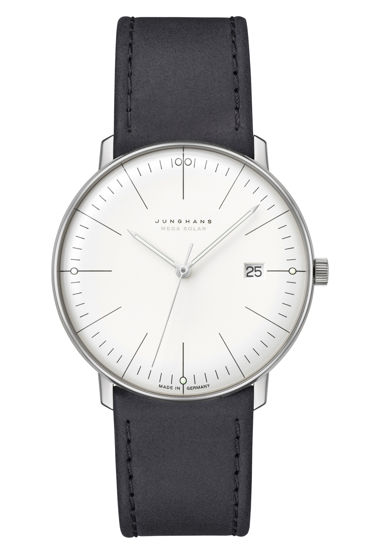 Eine elegante Junghans Armbanduhr mit weißem Zifferblatt und schwarzem Lederarmband