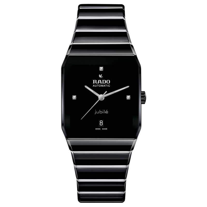 Schwarze Rado Armbanduhr mit glänzendem Band und eckigem Zifferblatt