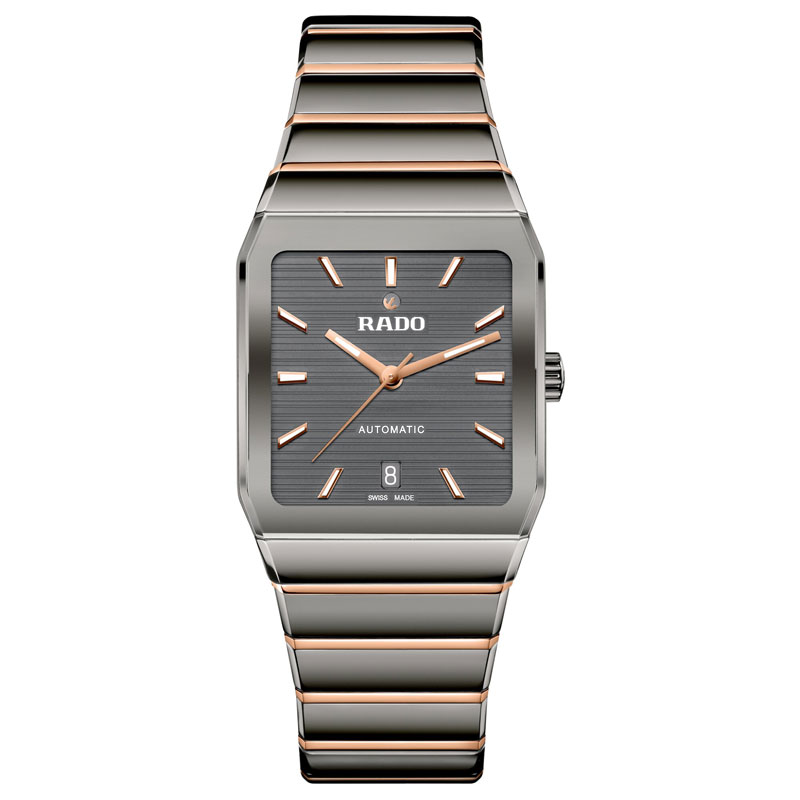 Graue Rado Armbanduhr mit ros goldenen Zeigern und Gliederband