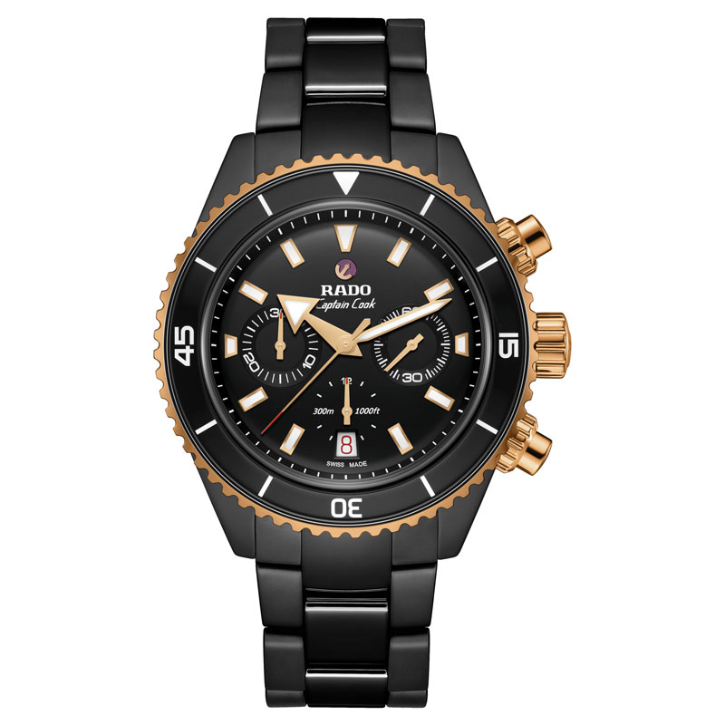 Schwarze Rado Armbanduhr mit goldenen Drueckern und sportlichem Zifferblatt