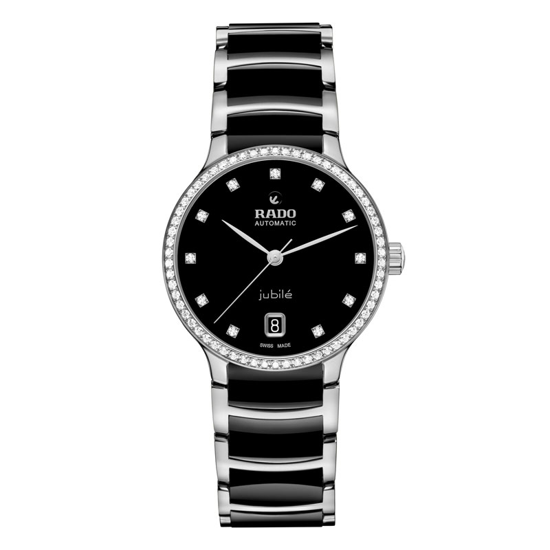 Schwarze Rado Armbanduhr mit elegantem Zifferblatt und Diamantlünette