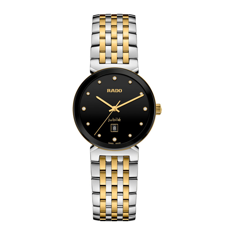 Zweifarbige Armbanduhr mit schwarzem Zifferblatt und goldenen Indizes, elegant