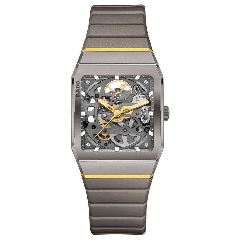 Graue Armbanduhr mit neutralem Look und Skelettzifferblatt in Gold