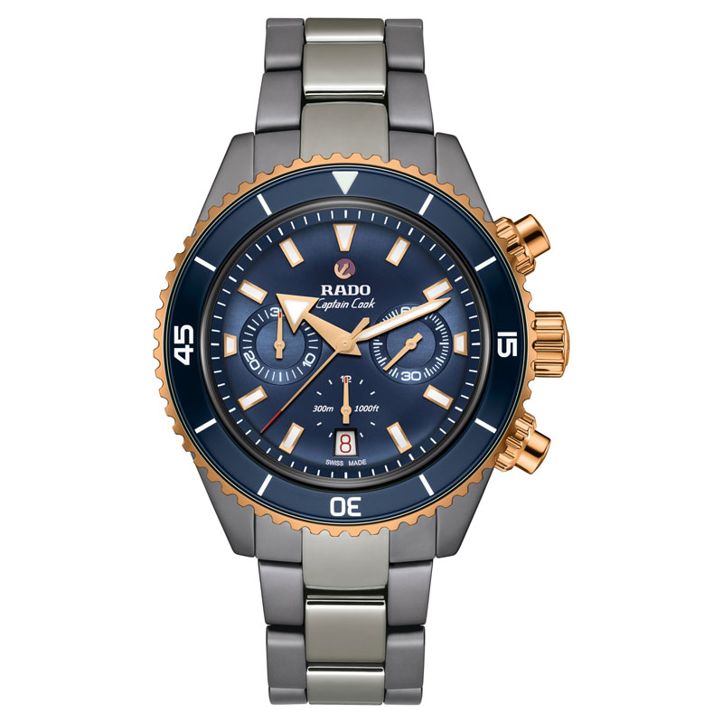 Elegante Rado Uhr mit blauem Zifferblatt, rosegoldenen Akzenten, sachlich