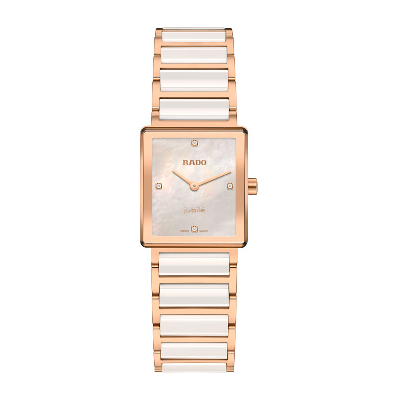 Eckige Rado Uhr in Roségold und Weiß mit Perlmuttzifferblatt und Steinen