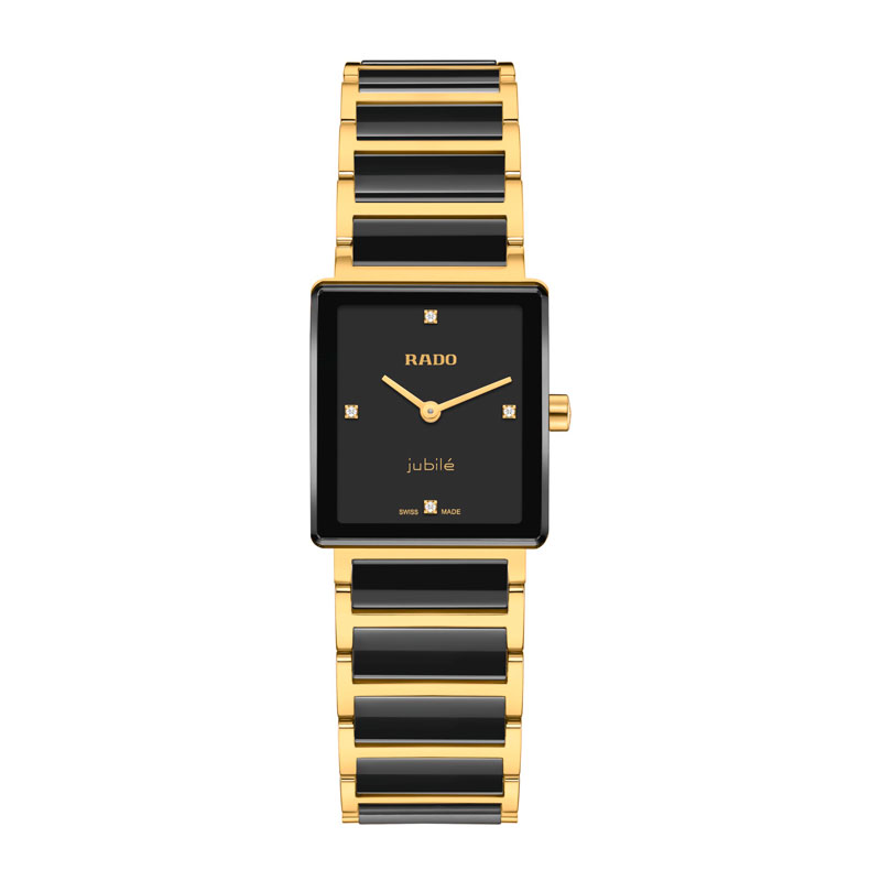 Goldene Armbanduhr mit schwarzem Zifferblatt und Keramikgliedern, edel