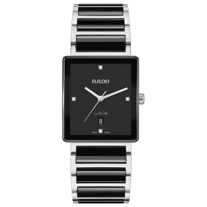 Schwarze eckige Rado Uhr mit silbernem Band und Datumsanzeige, elegant