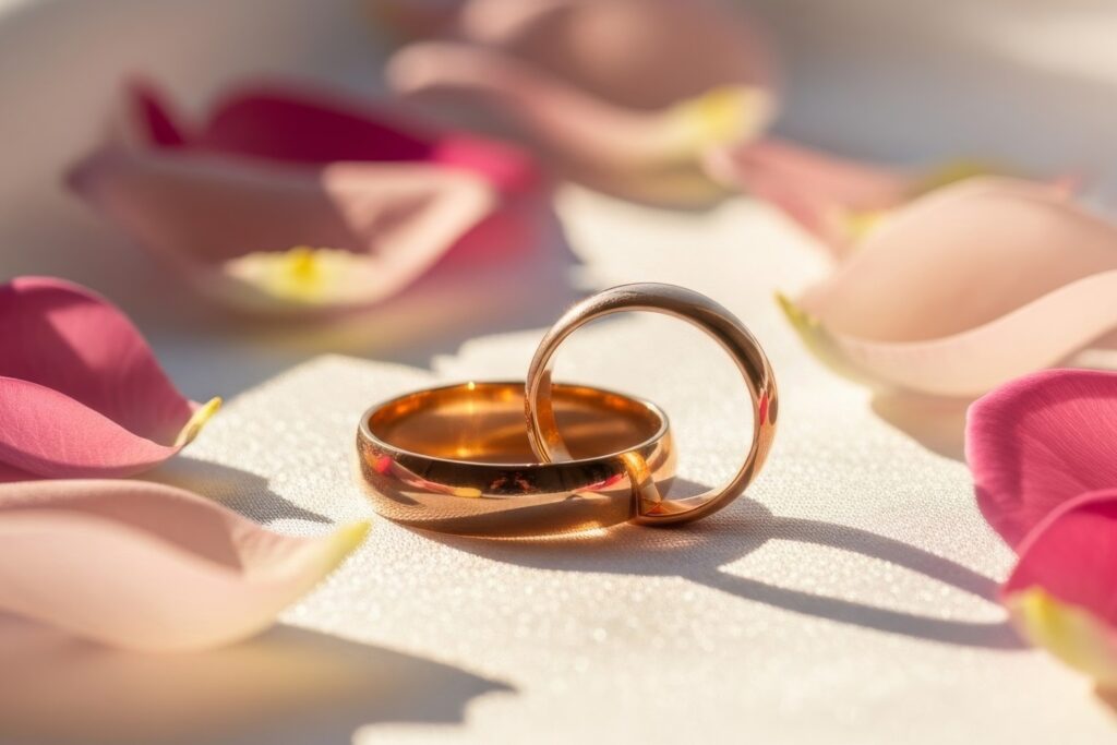 Zwei polierte goldene Eheringe liegen sanft auf weicher weißer Seide, umgeben von zarten rosa Rosenblättern im sanften, warmen Morgenlicht – Hintergrund, Hochzeit, Reinheit.